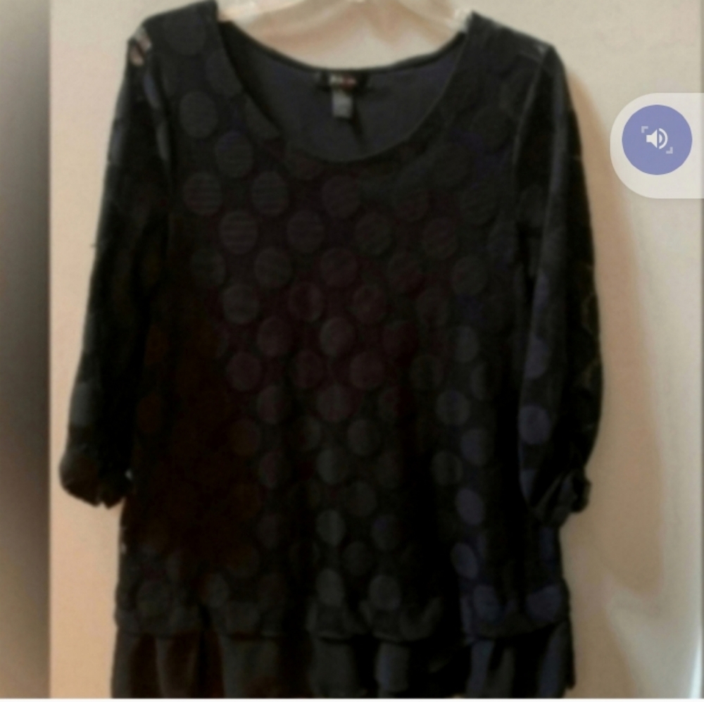 Style & Co Women's L Black Polka Dot Top Sheer Lace Overlay Tiered Ruffle Hem